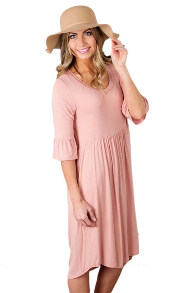 BY61652-10 Pink Ruffle Sleeve Midi Jersey Dress